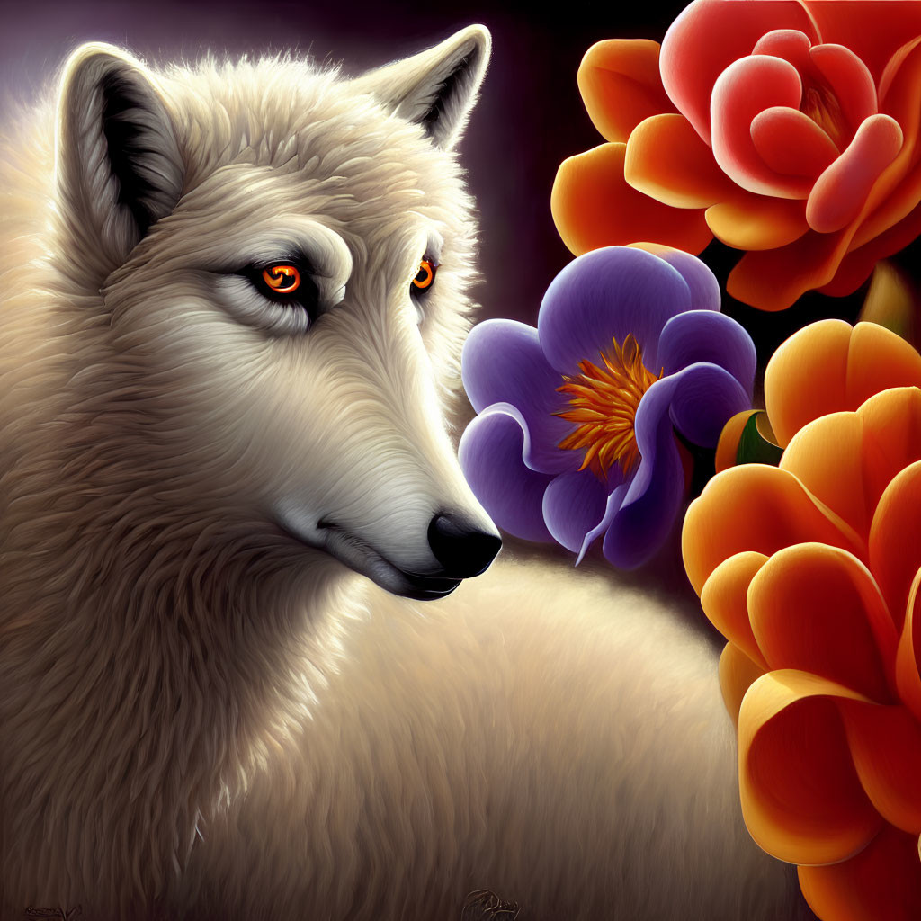 Detailed White Wolf Illustration Among Orange and Purple Flowers on Dark Background