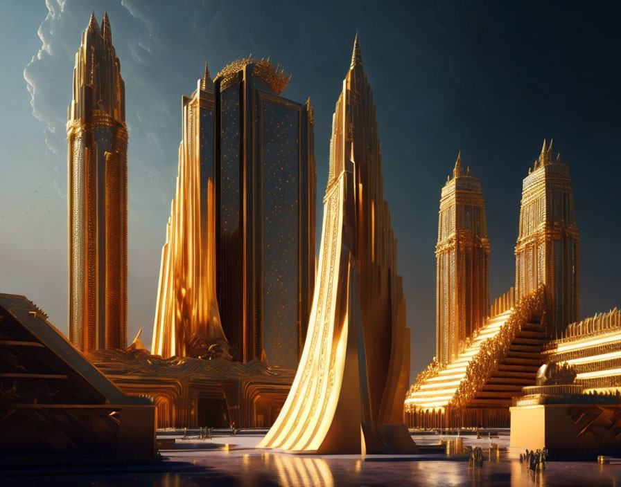 Golden futuristic cityscape with towering skyscrapers against dusky sky