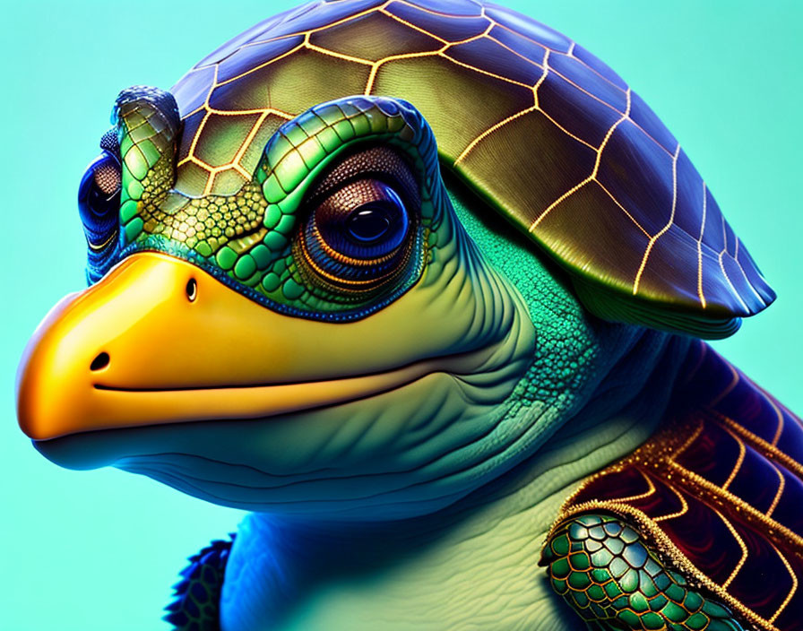 Detailed Colorful Turtle Illustration on Gradient Background