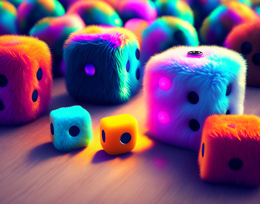 Vibrant fuzzy dice and neon lights on wooden surface