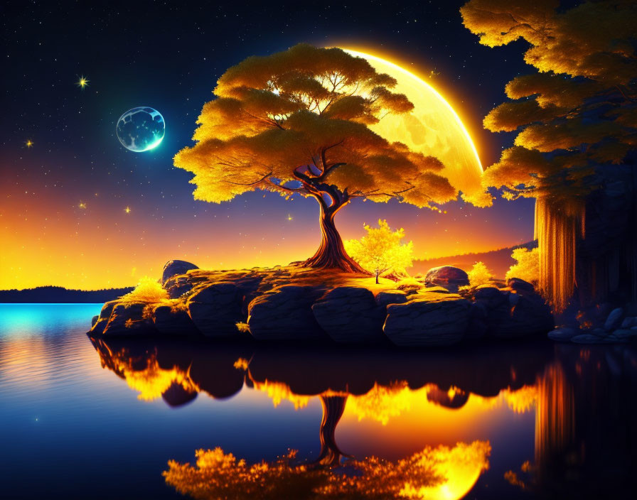 Nighttime landscape with vibrant tree, still water, moonlit sky, and second smaller moon