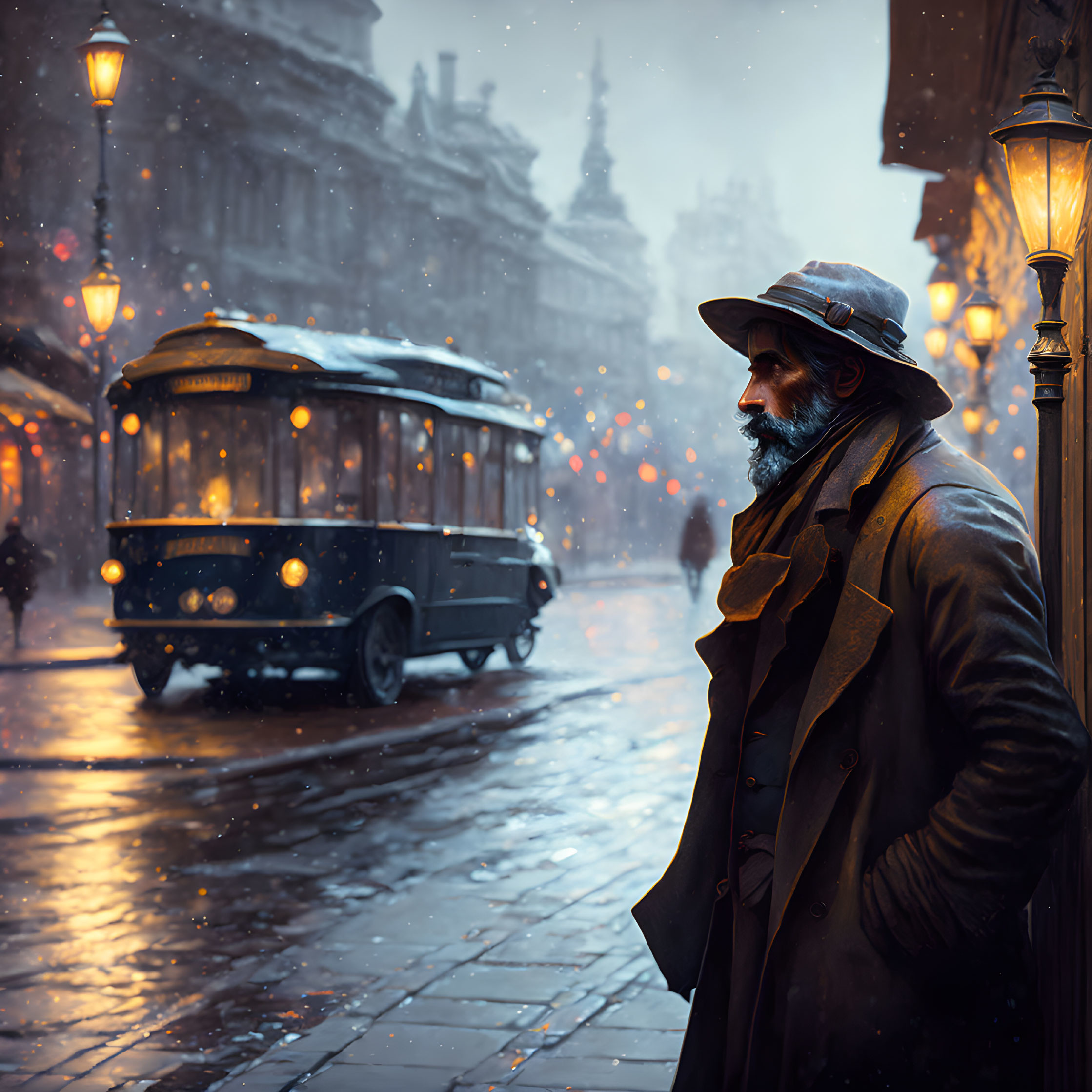 Bearded man in hat and coat by streetlight as vintage tram passes in snowy cityscape