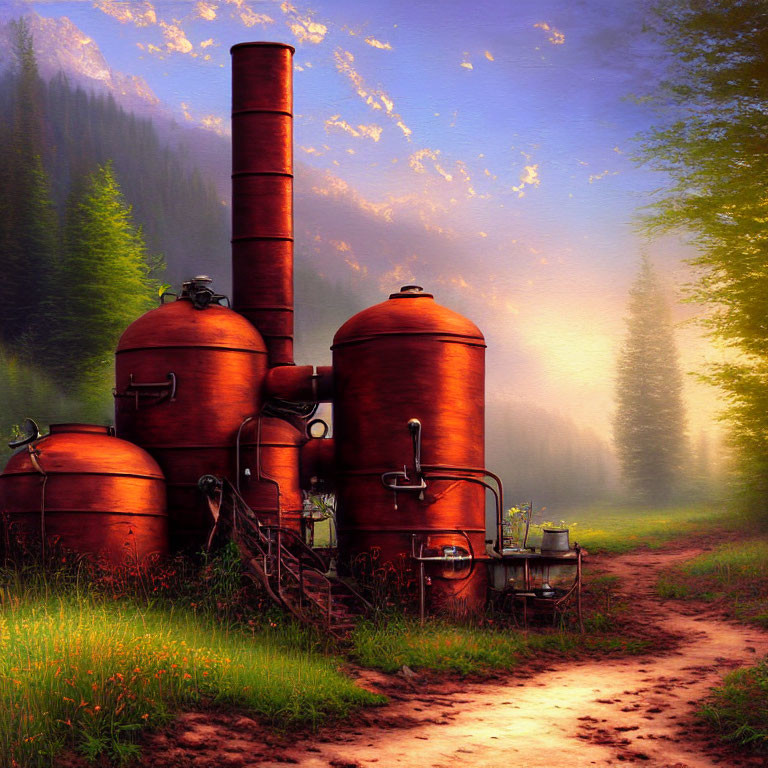 Tranquil forest scene with rustic copper distillery at sunrise or sunset