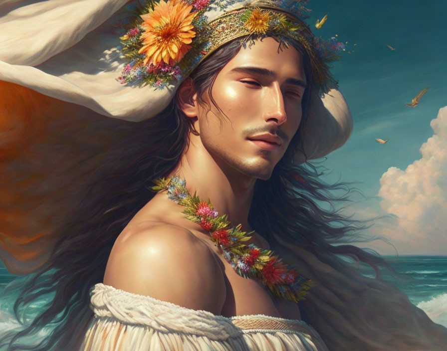 Man with Floral Wreath Gazing at Ocean & Sky