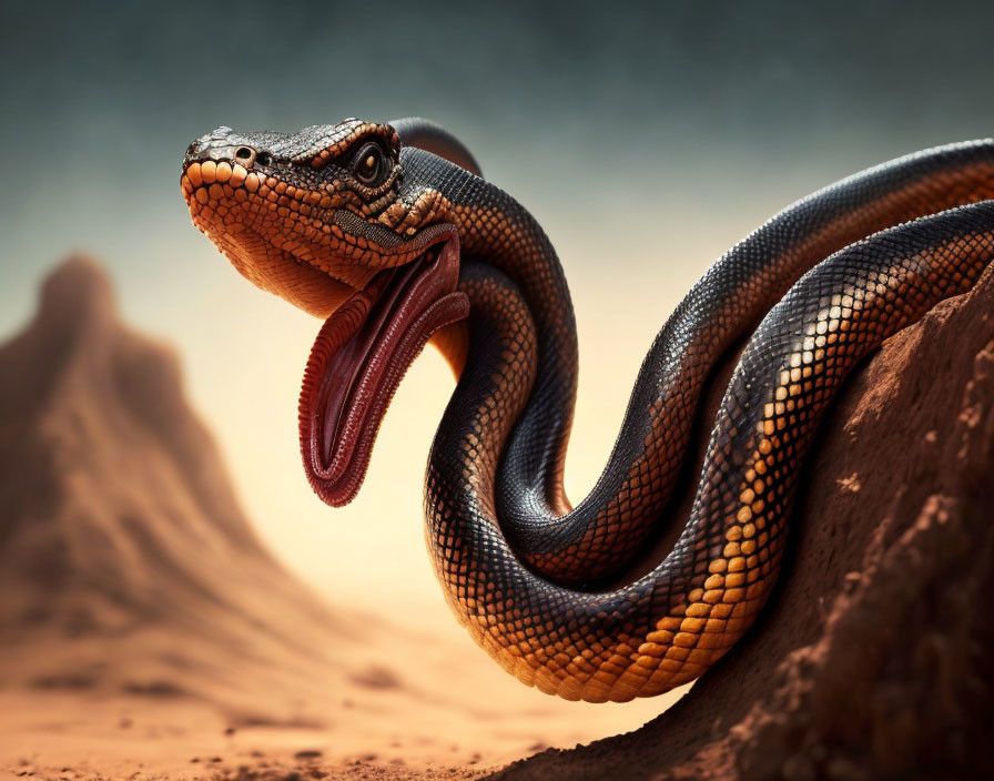 Curled snake with flicking tongue in desert backdrop.