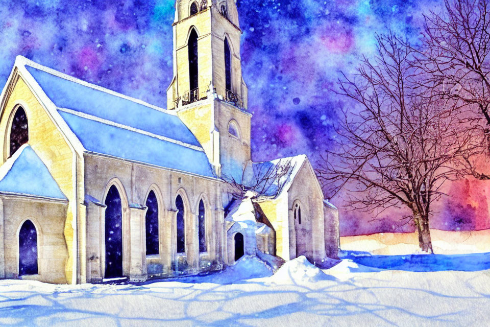 Vibrant watercolor painting of church in snowy landscape with mystical sky