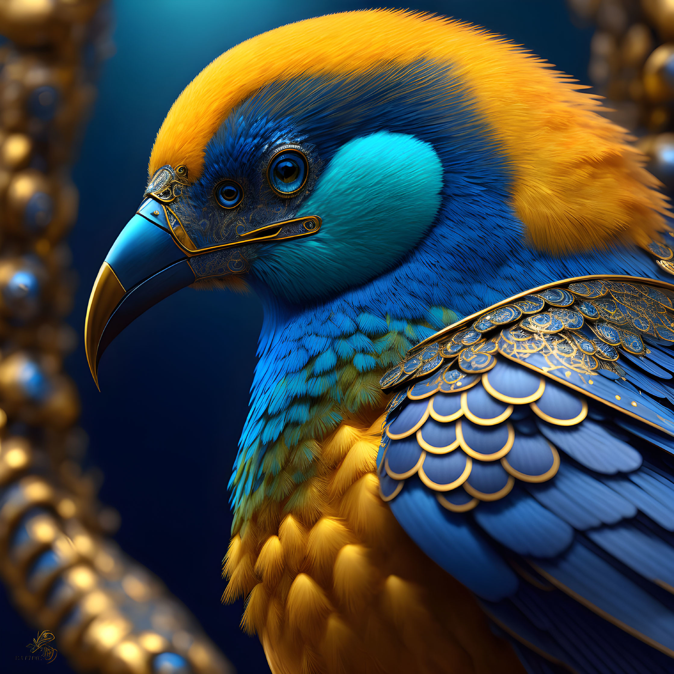 Vibrant Blue and Gold Bird Artwork with Ornate Patterns