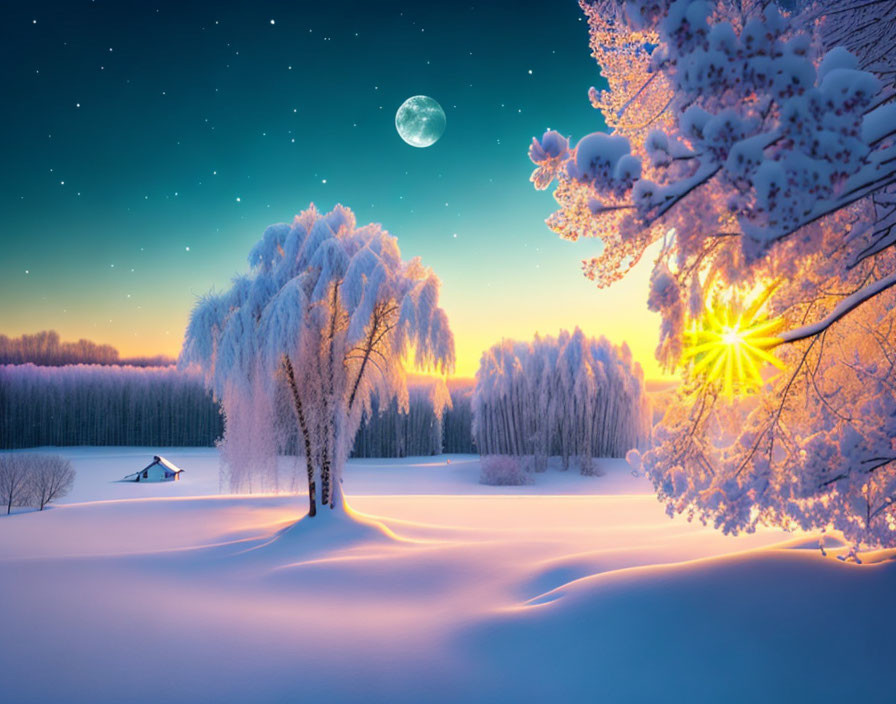 Snow-covered trees under glowing sunset, starry sky, and full moon.