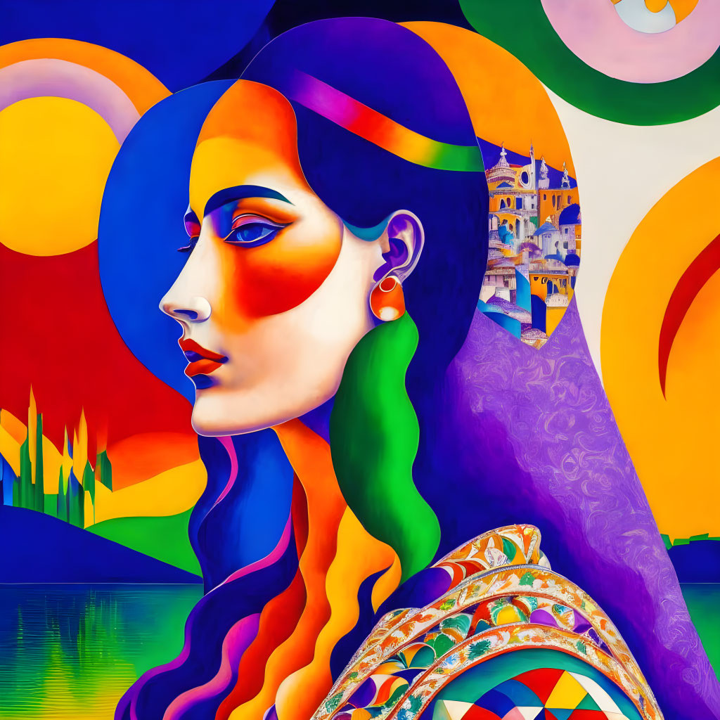 Colorful artwork: Stylized female profile with rainbow hair and bold patterns