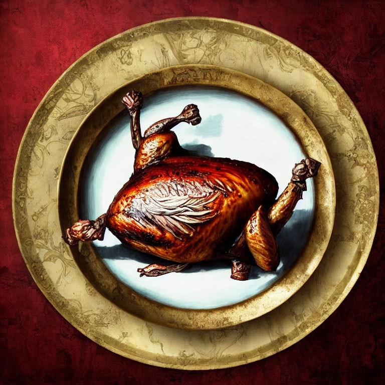 Golden-brown roasted turkey on ornate platter against red background