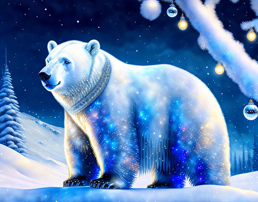 Translucent polar bear with necklace in snowy night scene