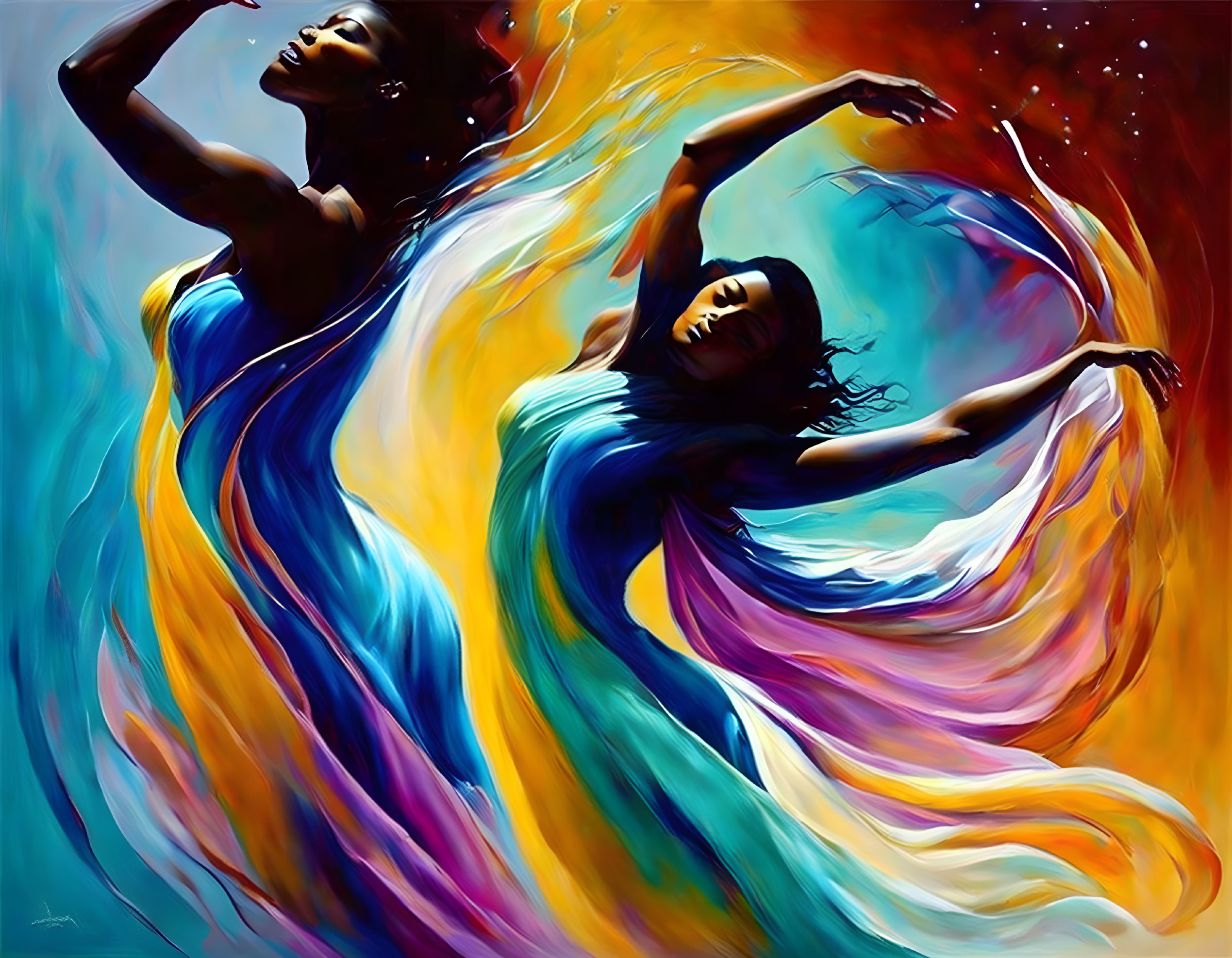 Vibrant stylized female figures dancing in flowing dresses with colorful swirls on vivid backdrop