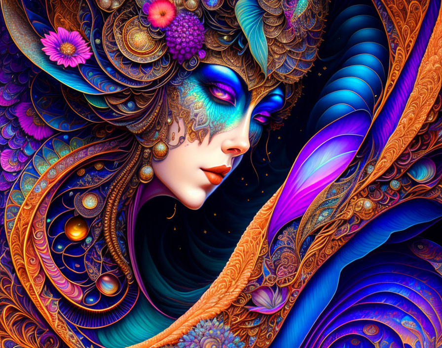 Colorful Illustration of Woman with Blue Skin and Intricate Patterns