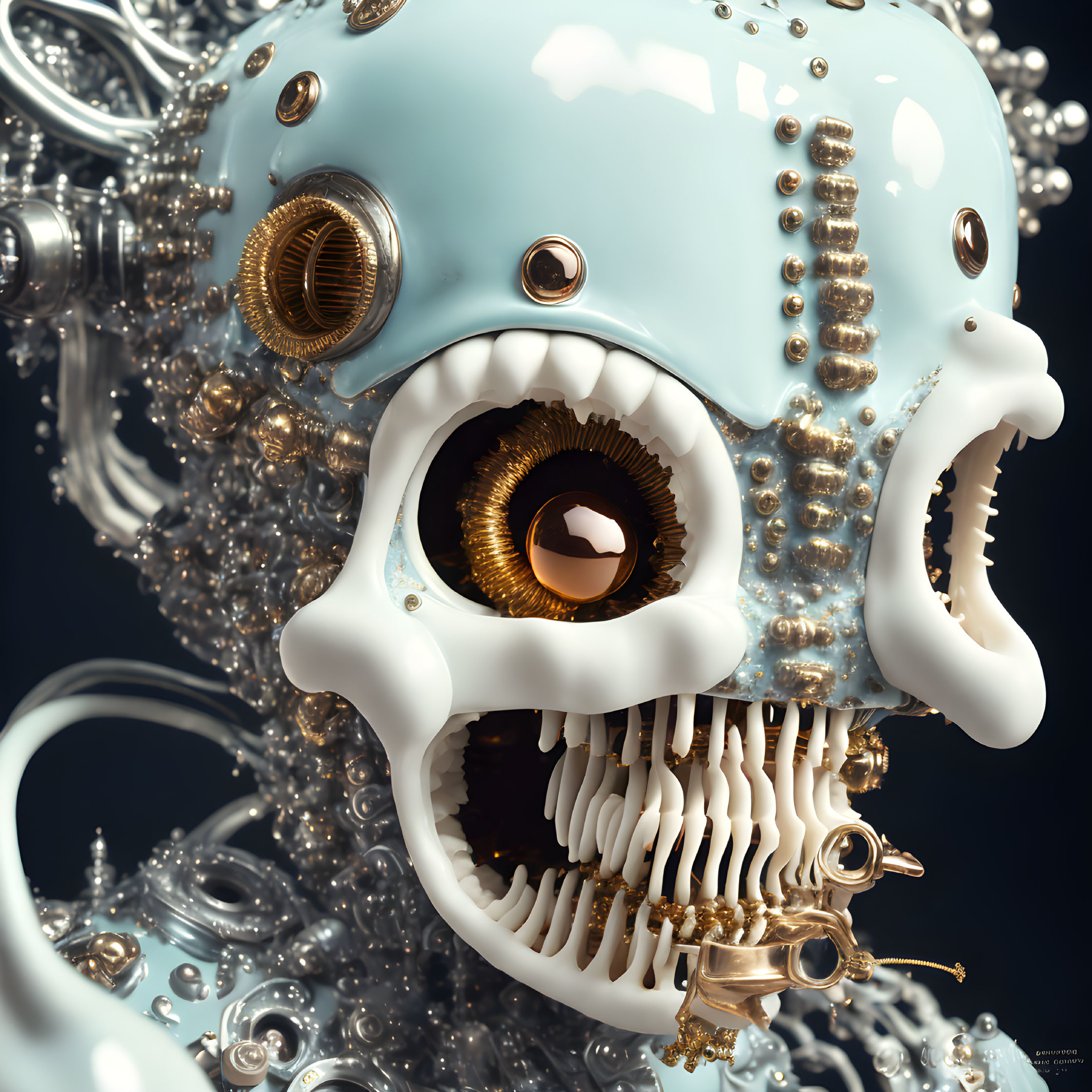 Detailed surreal 3D robotic skull with golden eyes and mechanical parts