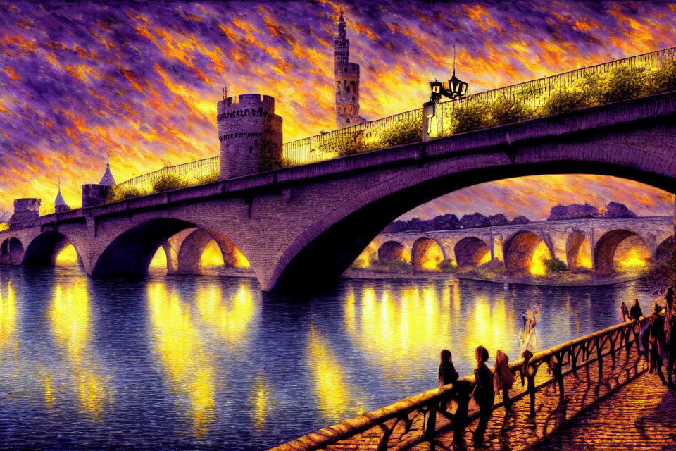 Historic stone bridge at sunset with vibrant orange skies and silhouettes of people by the riverside