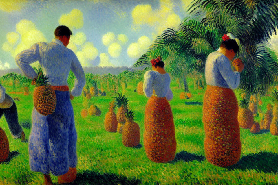 Three Figures with Baskets Among Pineapple Plants in Tropical Setting