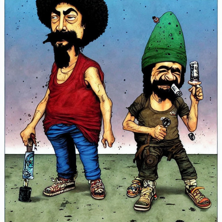 Exaggerated cartoon characters with afro and pointed hat walking side by side