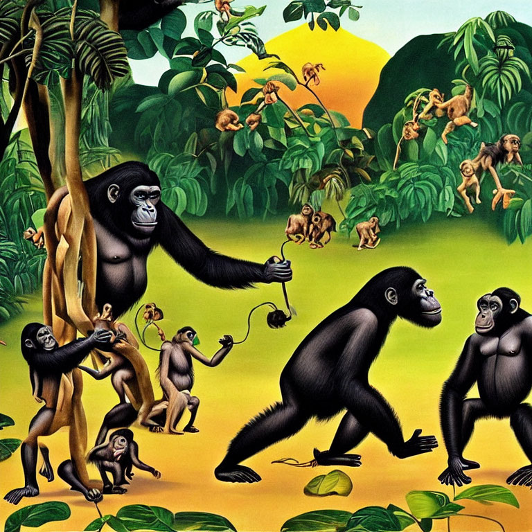 Illustration of gorillas and monkeys in lush jungle at sunset