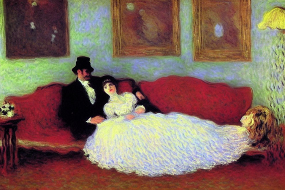 Man and woman in formal attire on red couch in room with green walls and yellow lighting