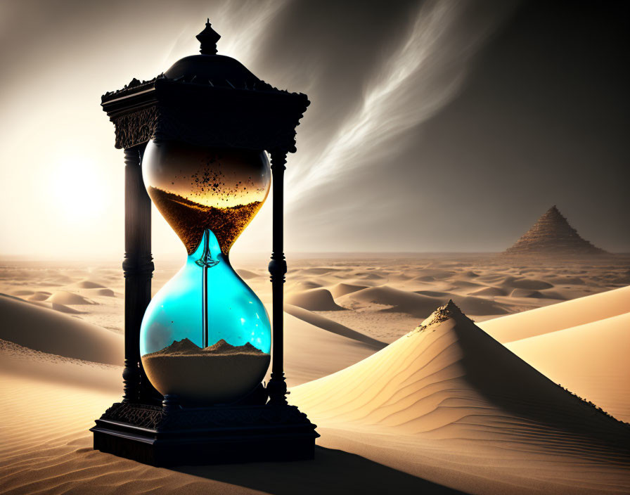 Blue and Gold Sand Ornate Hourglass in Desert Landscape