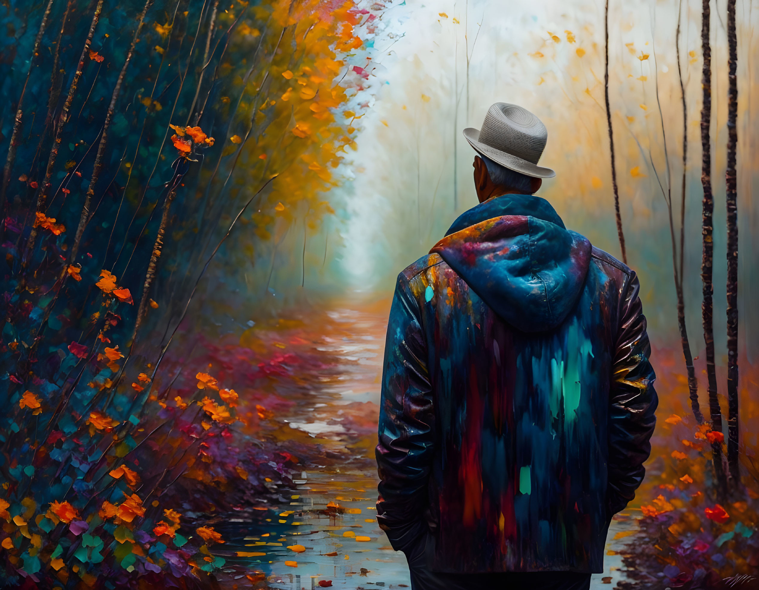 Person in Hat and Jacket Standing in Colorful Autumn Forest Path