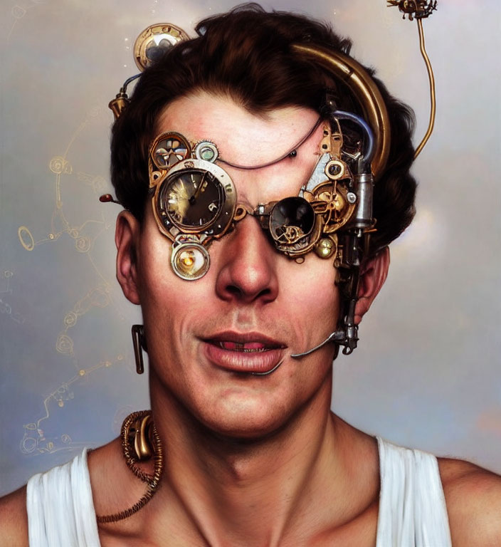 Man in Steampunk Goggles with Gears and Clocks on Beige Background