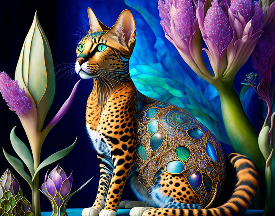 Vibrant surreal cat illustration with patterned body and peacock feather-like tail among flowers on blue