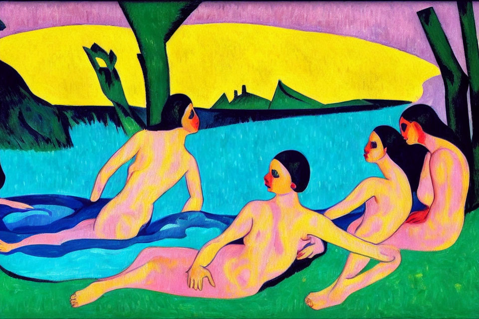 Colorful painting of four abstract figures bathing by a river