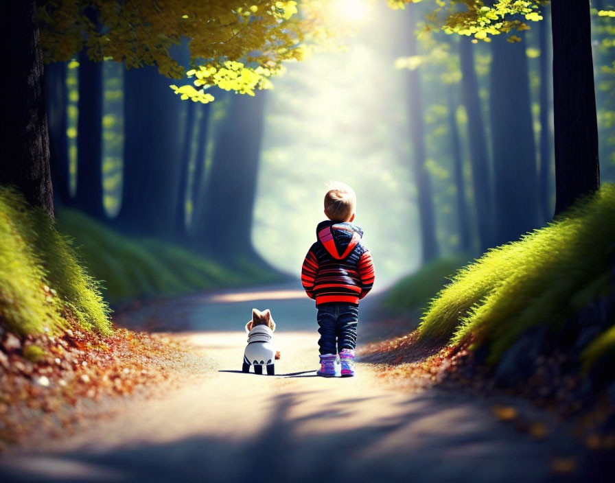 Child in Striped Jacket Walking Dog in Sunlit Forest