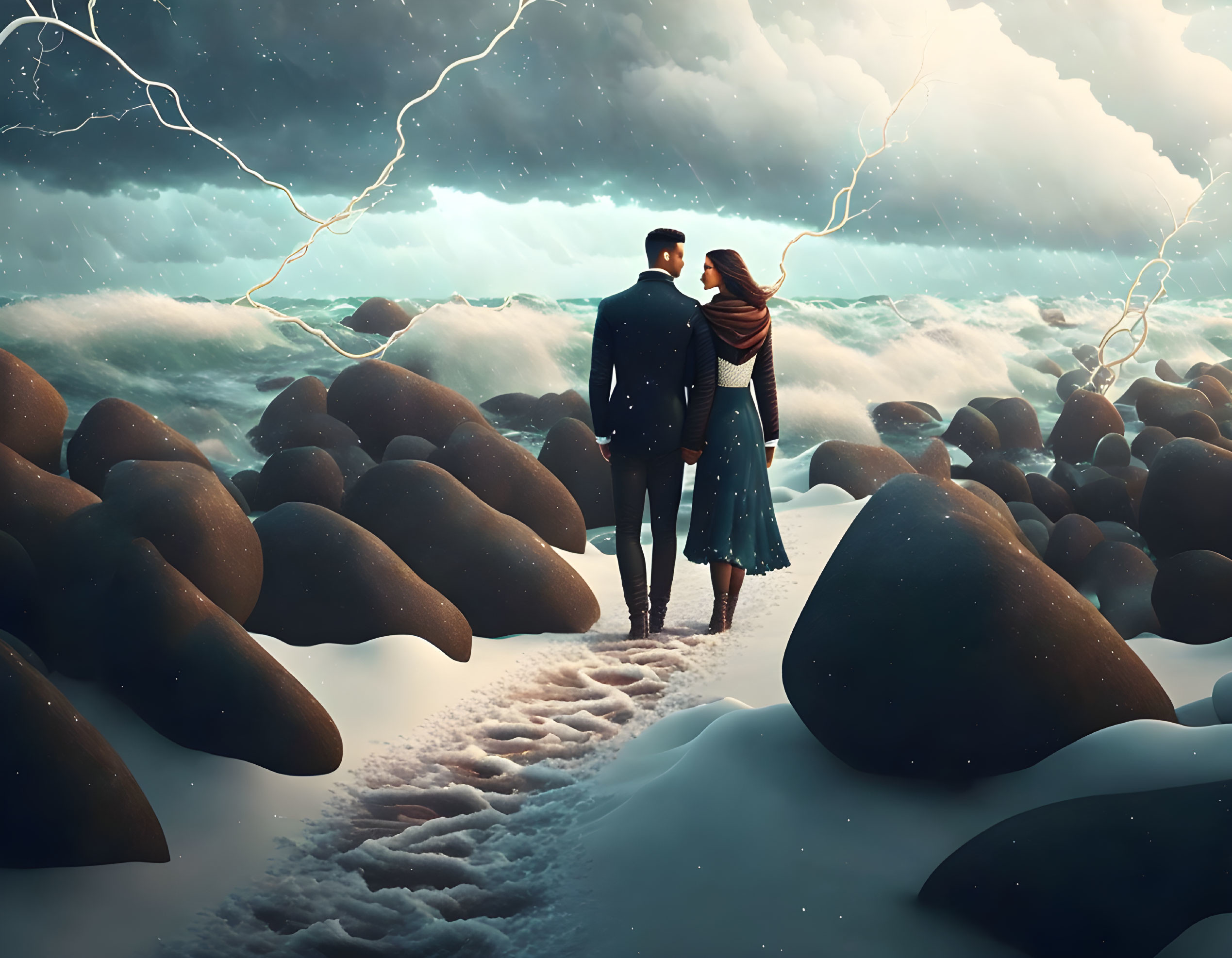 Couple holding hands on snowy beach during stormy weather