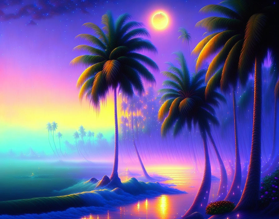 Tropical Beach Scene: Palm Trees, Glowing Moon, Colorful Sky