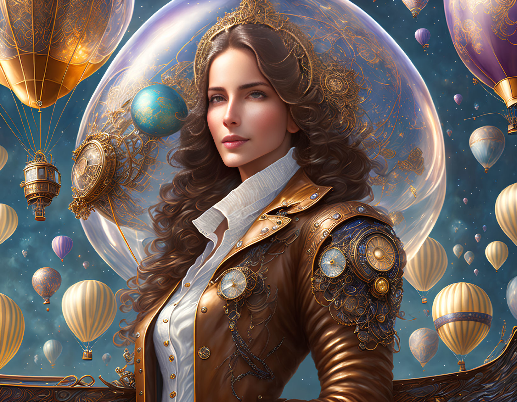 Steampunk-inspired woman in leather jacket among hot air balloons and celestial orbs.