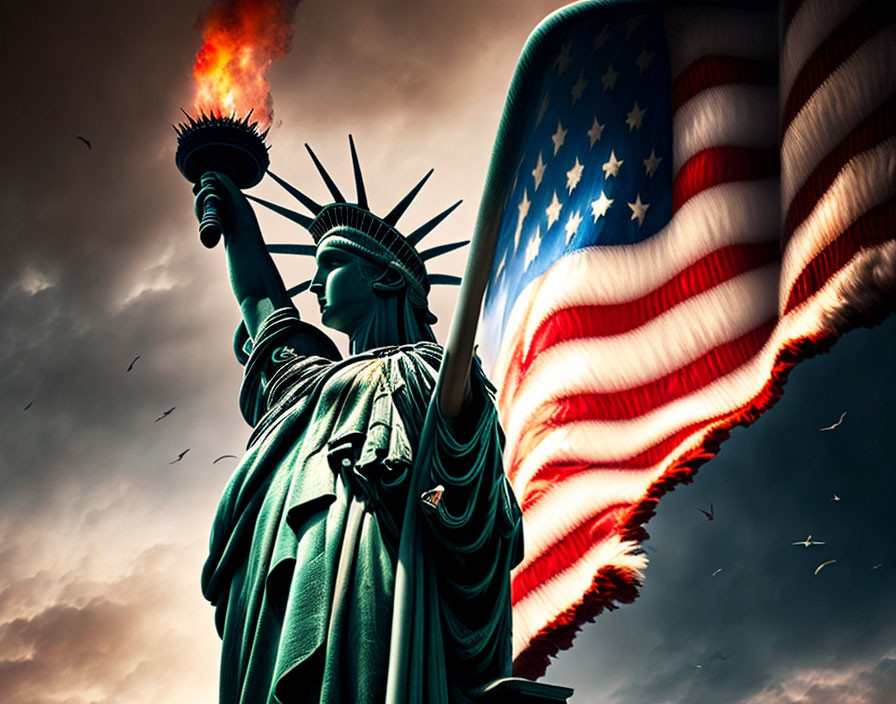 Statue of Liberty with American flag and cloudy sky backdrop