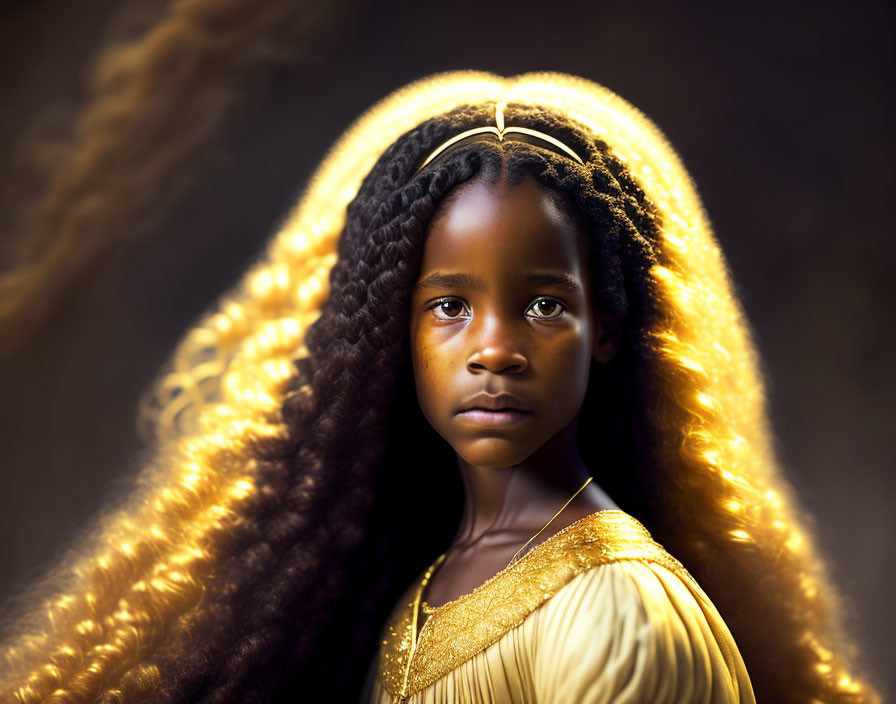 Portrait of young girl with braided hair in gold dress under warm glowing light