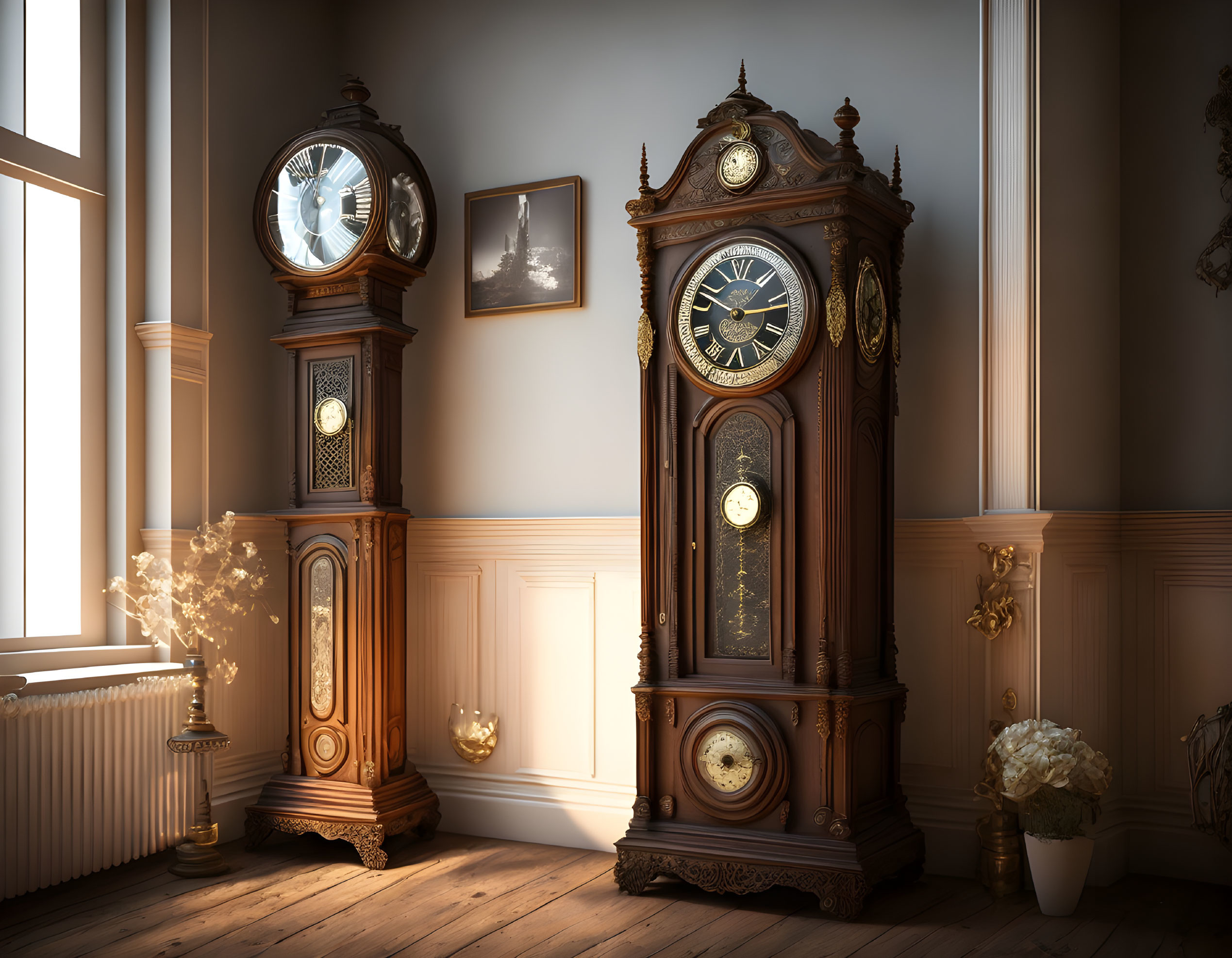 Antique grandfather clocks in elegant room corner with warm glow, flowers, and serene painting.