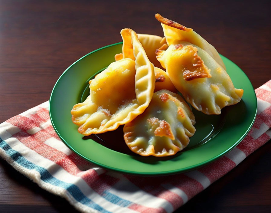 Green plate with stuffed pasta shells and grated cheese on a striped napkin