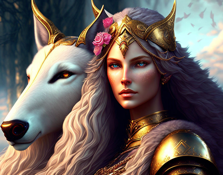 Fantasy illustration of woman in golden armor with crown and white wolf in enchanted forest.