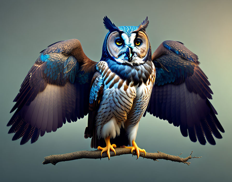 Perched owl with wide-spread wings and intense gaze on branch