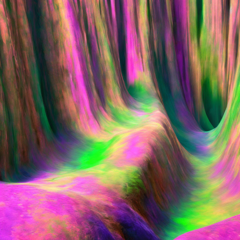 Colorful Abstract Art: Pink, Purple, and Green Flowing Shapes in Psychedelic Forest Theme