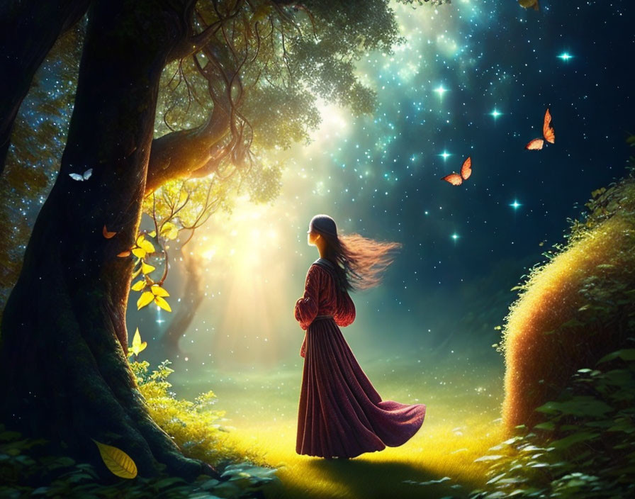 Woman in flowing dress in mystical forest with glowing butterflies and starry light.