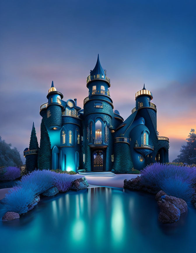 Blue Enchanted Castle at Twilight with Serene Pond