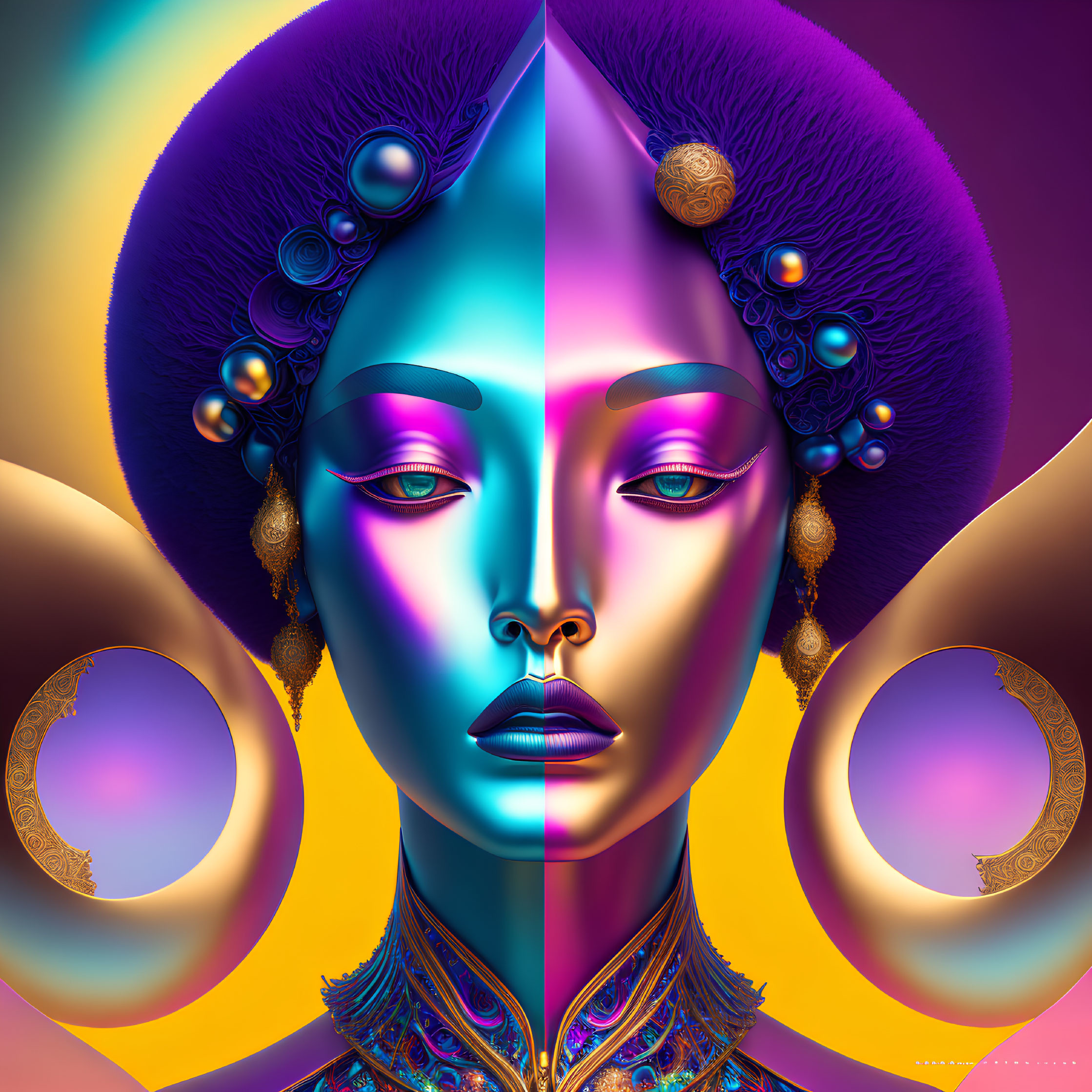 Symmetrical female face digital artwork with purple skin and golden accessories