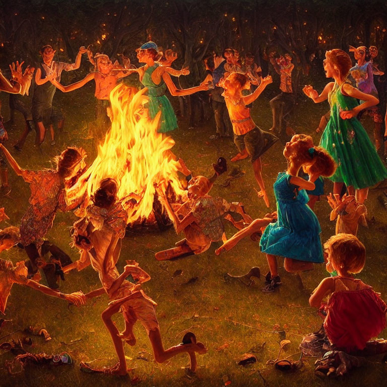 Nighttime forest clearing: People dancing around bonfire