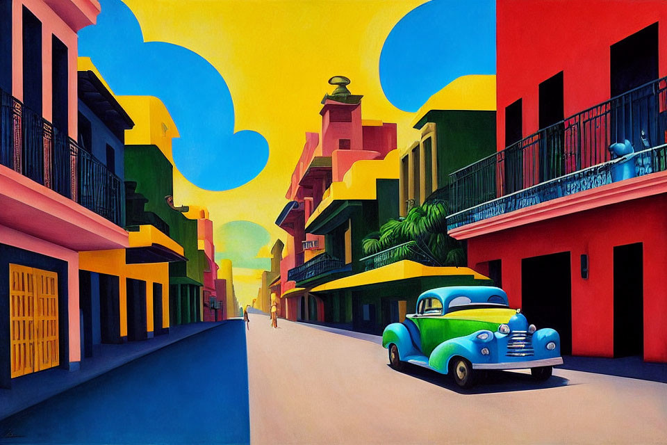 Colorful street scene painting with vintage car, person, and whimsical sky