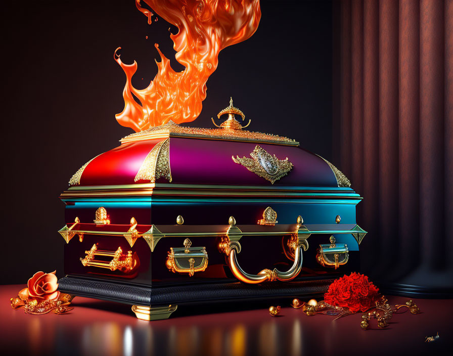 Ornate red and blue casket with fiery flames and gold trim on dark background with roses