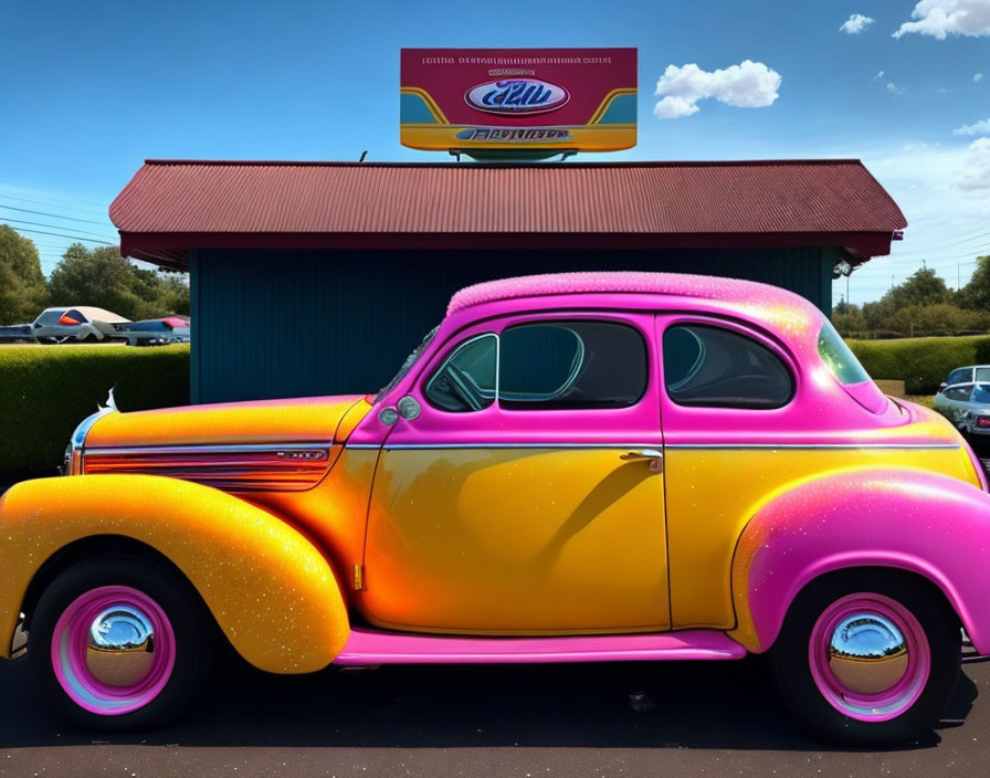 Pink and Yellow Classic Car Parked by Retro "Club Champion" Sign