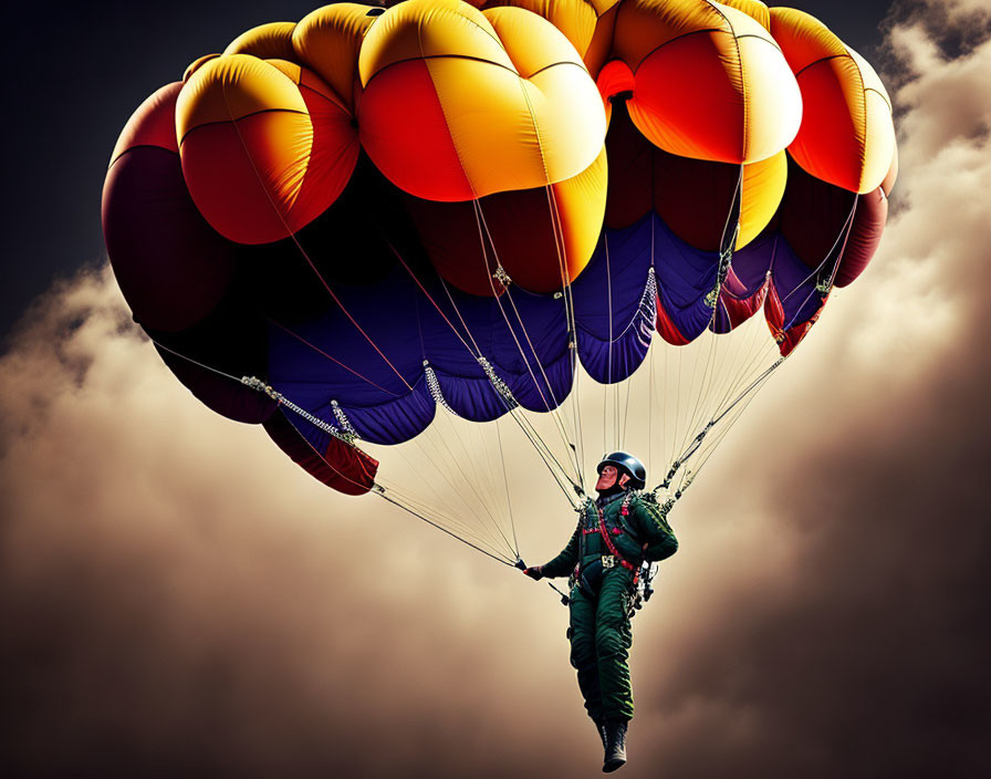 Person in green jumpsuit parachuting under colorful canopy in dramatic cloudy sky