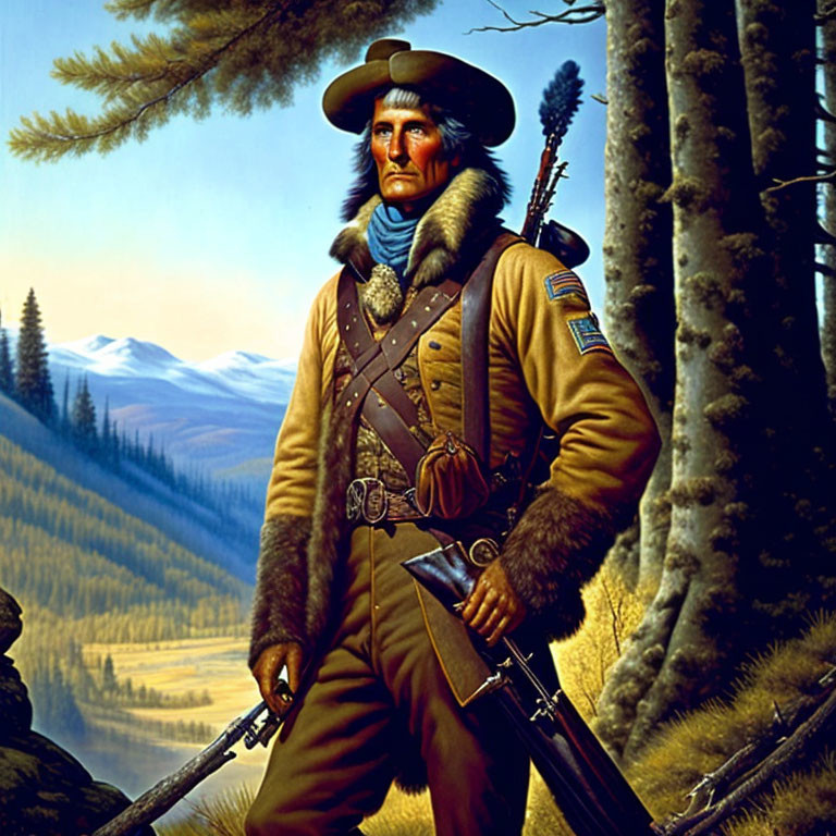 Frontiersman in traditional attire with rifle against forest backdrop