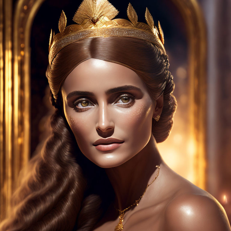 Regal woman with golden crown and jewelry against warm, ornate backdrop