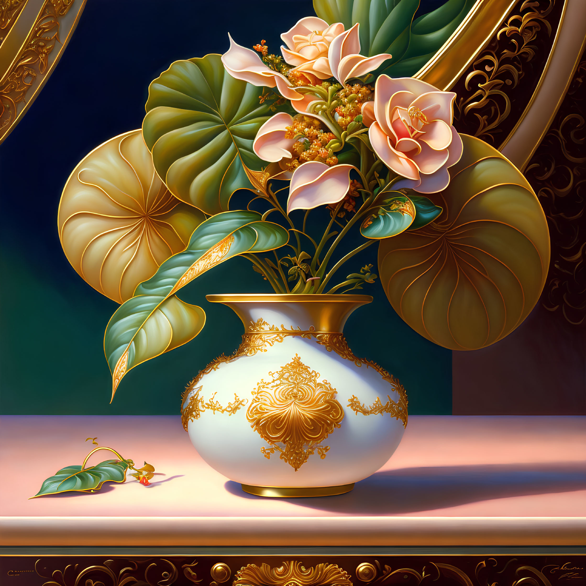 Gold and White Vase with Peach Flowers and Green Leaves on Table